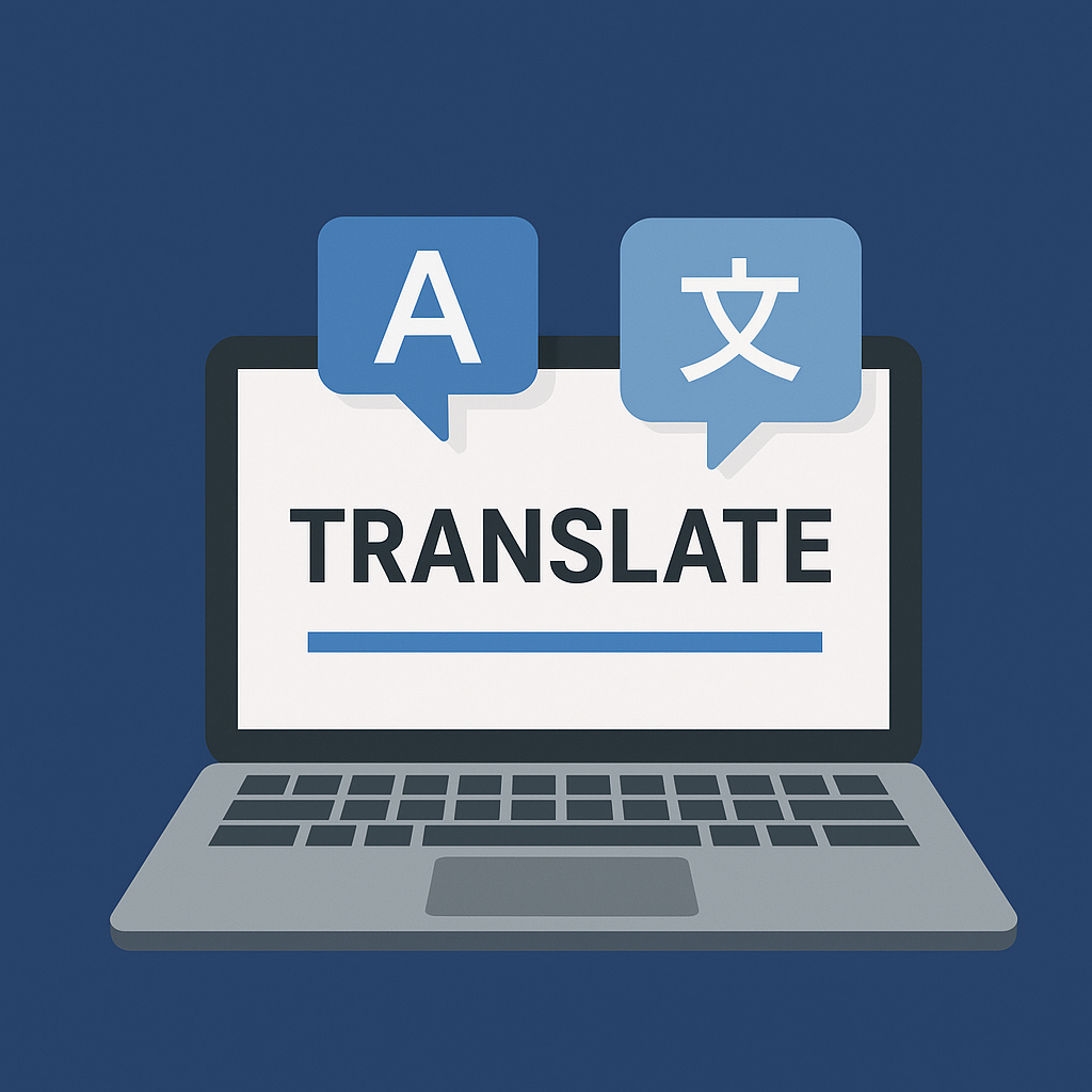 صورة توضح حاسوبًا محمولًا يعرض واجهة ترجمة على خلفية زرقاء، ترمز إلى أفضل مواقع الترجمة على الإنترنت.