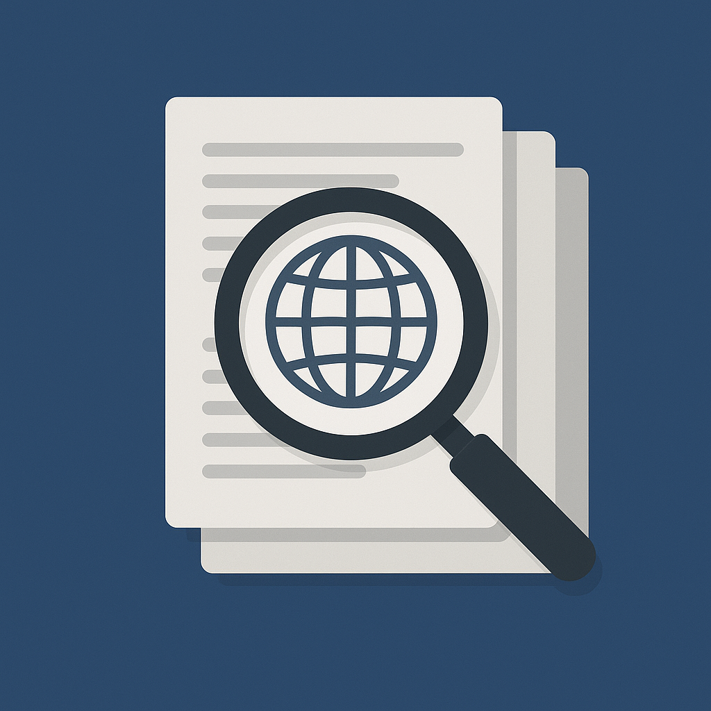 صورة تظهر عدسة مكبرة فوق مستندات تحتوي على رمز الكرة الأرضية، ترمز إلى الترجمة والبحث عن المعاني.